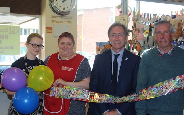 Stoke indoor market celebrations Pictured Emily Robertson of butchers Market Corner, Jeanette Robertson of butchers Market Corner, CllrStoke-indoor-market-image-Carl-Edwards-cabinet-member-for-environment-Chris-Doolan-of-Doolan-Pet-Supplies